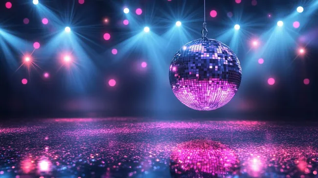 Funkelnde Discokugel auf glitzernder Tanzfläche
