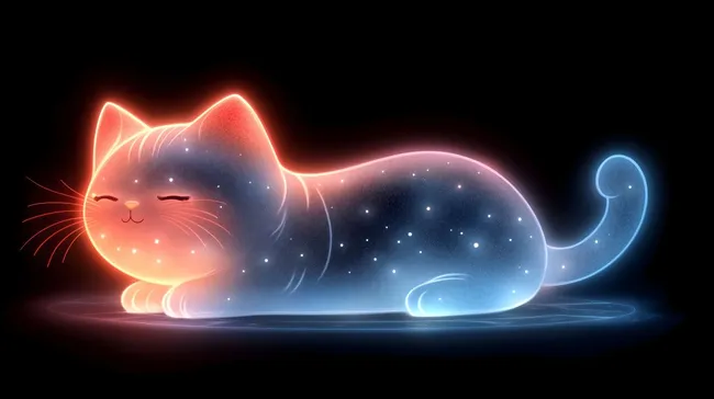 Funkelnde Neon-Katze, die am Sternenhimmel schläft