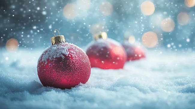 Funkelnde rote Weihnachtskugeln im Schnee