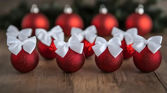 Funkelnde rote Weihnachtskugeln mit weißen Schleifen