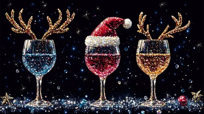 Funkelnde Weihnachtsbecher mit Rentiergeweih und Weihnachtsmütze