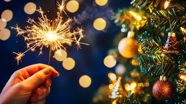 Funkelnde Weihnachtsdekorationen und Wunderkerze