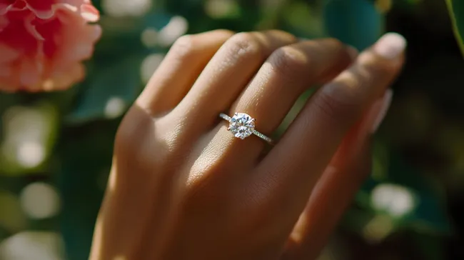 Funkelnder Diamantring vor romantischer Blumenkulisse