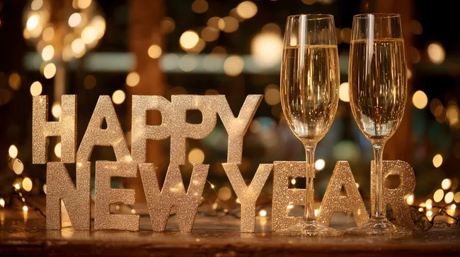 Funkelndes Neujahrsdekor mit Champagner