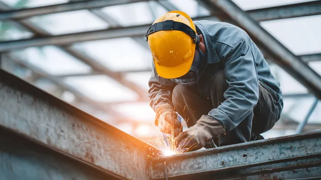 Funkensprühender Schweißer auf Industriebau