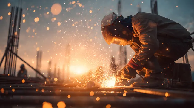 Funkensprühender Schweißer bei Sonnenuntergang