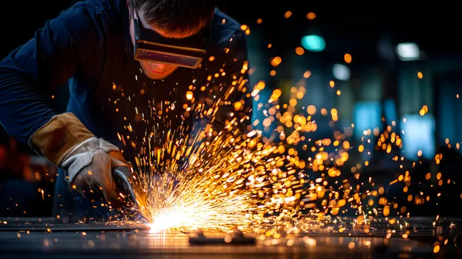 Funkensprühender Schweißer in dunkler Werkstatt