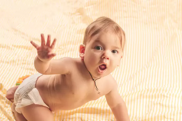 Funny little kid with open mouth waving hand