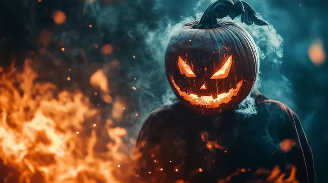 Furchteinflößender Halloween-Kürbiskopf in Flammen