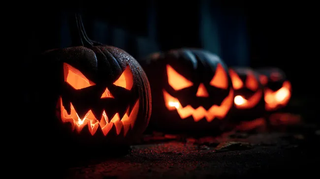 Furchterregende Kürbisse zu Halloween in düsterer Atmosphäre