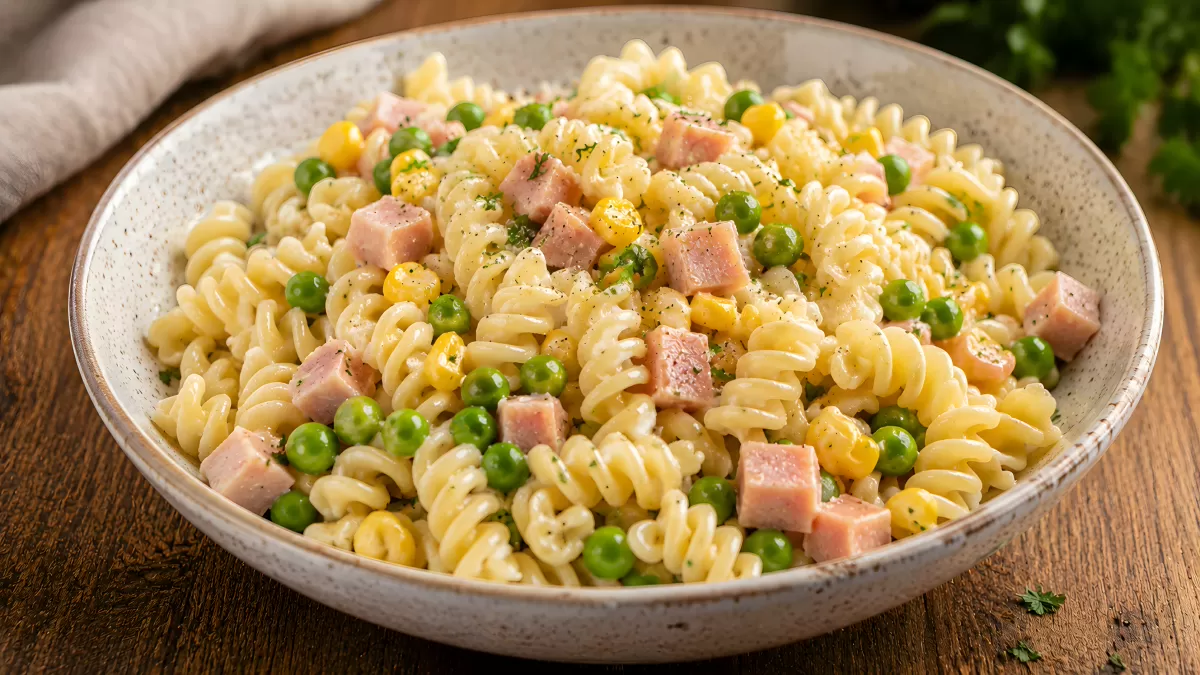 Fusilli mit Erbsen, Mais und Schinken in Sahnesoße