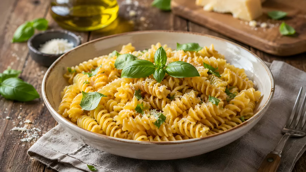 Fusilli mit Parmesan und frischem Basilikum