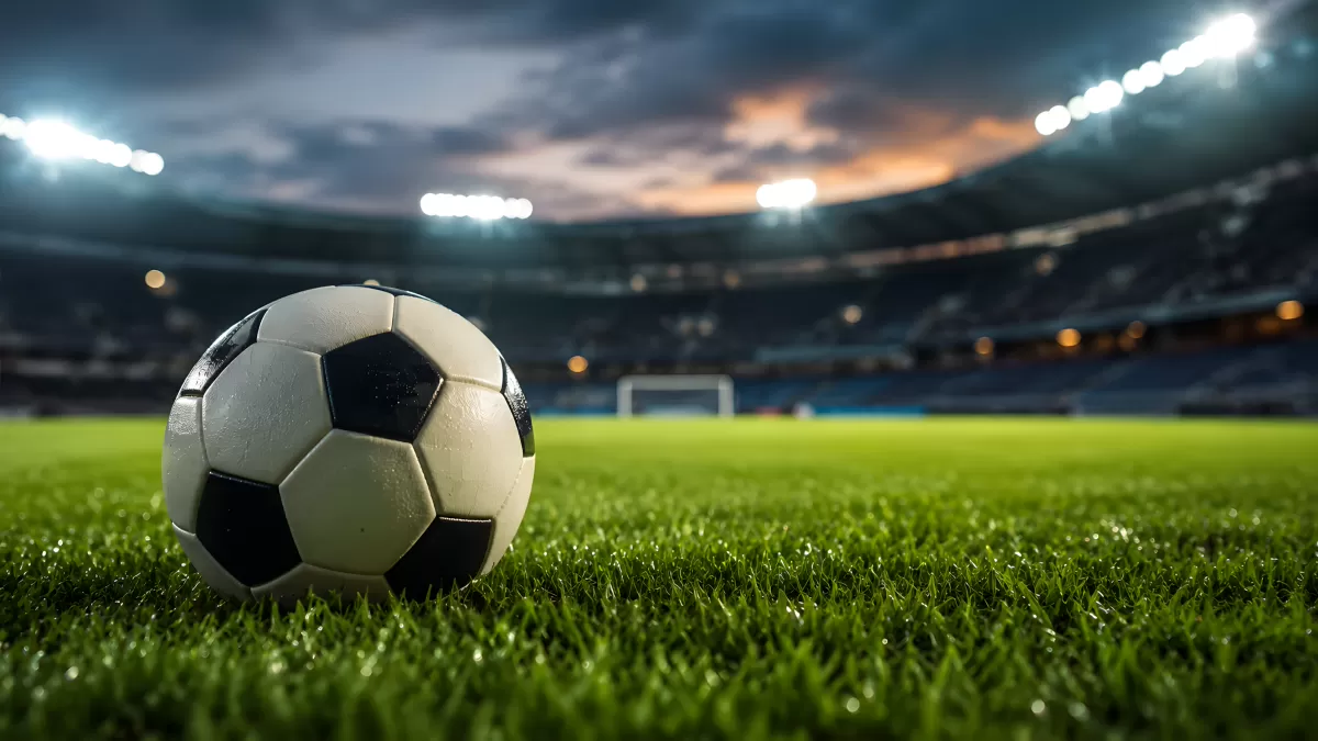 Fußball auf grünem Rasen im beleuchteten Stadion