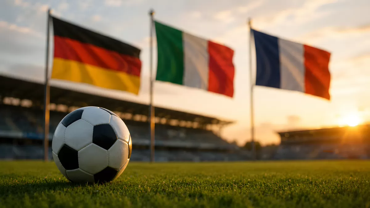 Fußball auf Rasen mit Flaggen von Deutschland Italien Frankreich