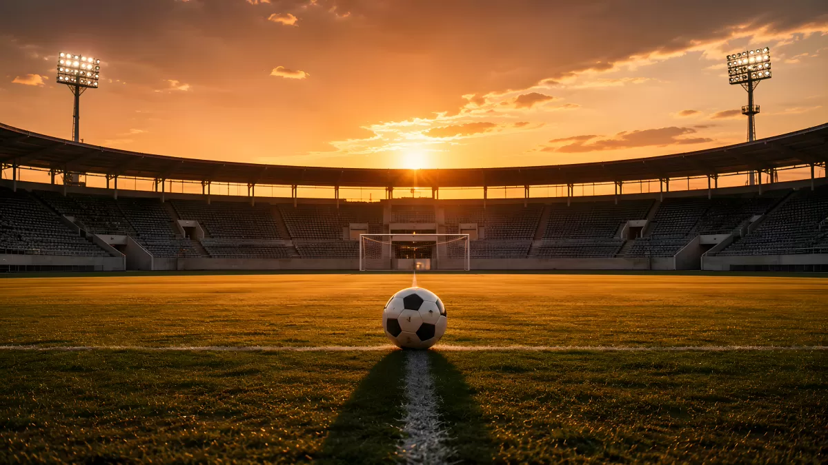 Fußball im leeren Stadion bei goldenem Sonnenuntergang