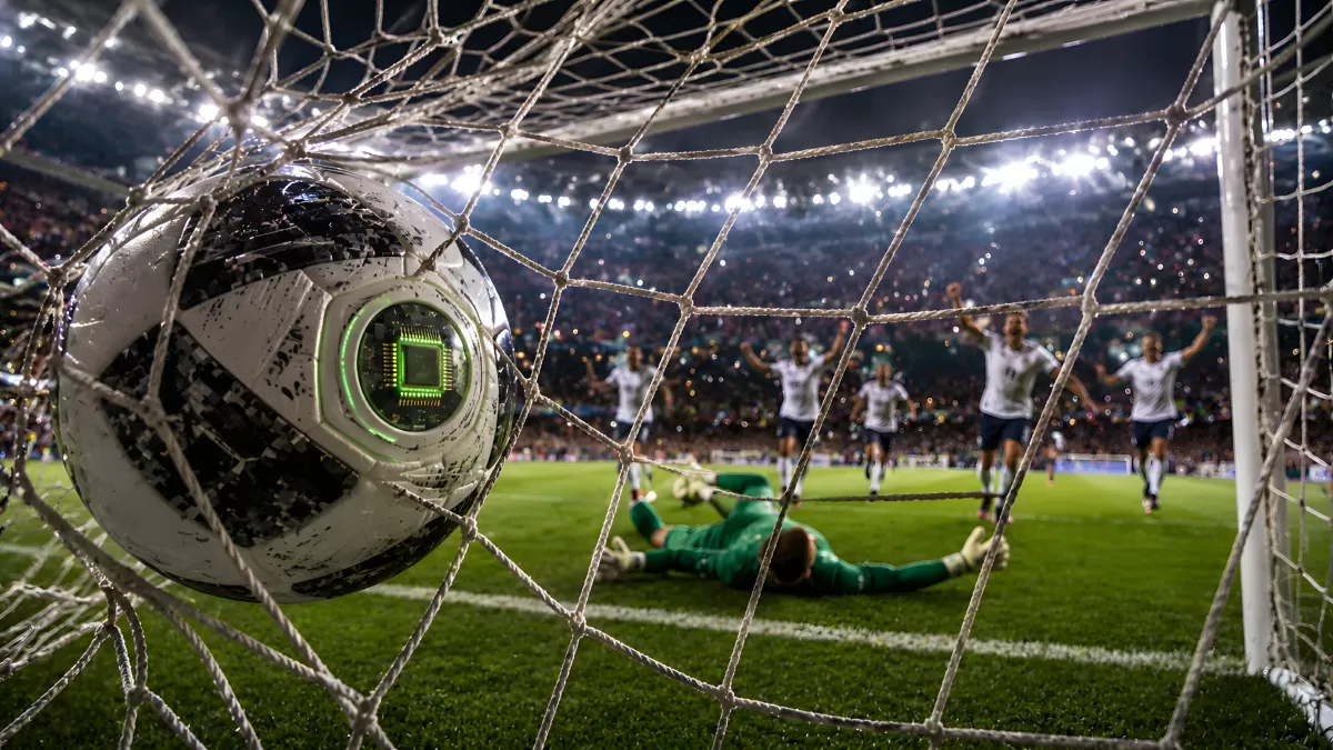 Fußball mit Chip im Tor bei Nachtspiel im Stadion