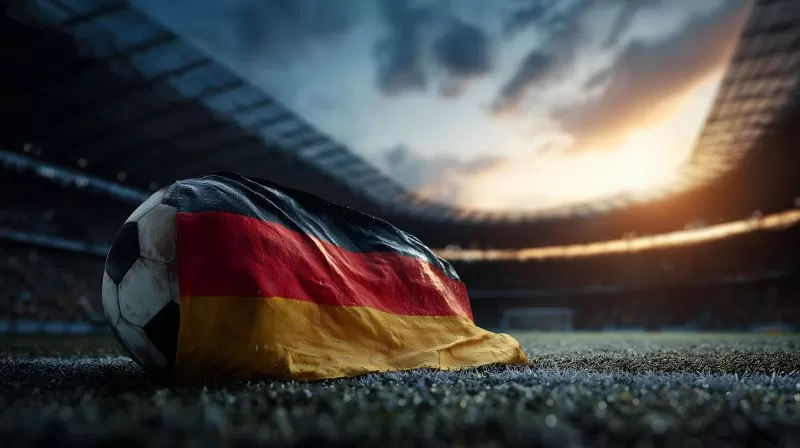 Fußball mit deutscher Flagge im Stadion bei Sonnenuntergang