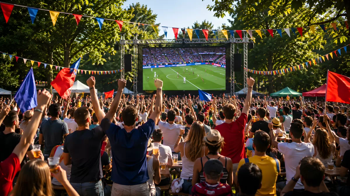Fußball-Public-Viewing im Park mit jubelnden Fans