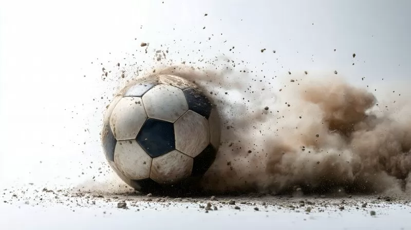Fußball zerschmettert Staubwolke isoliert auf Weiß