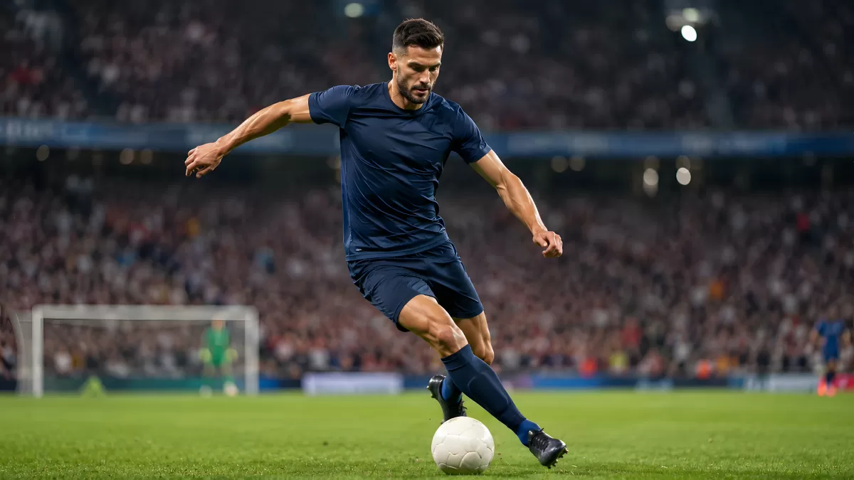 Fußballer dribbelt mit Ball im beleuchteten Stadion