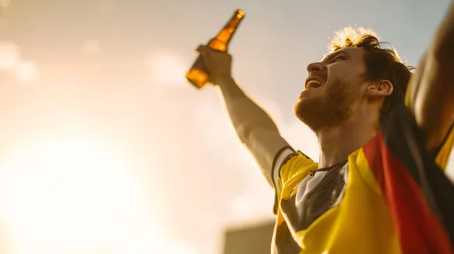 Fußballfan jubelt mit Bier in der Abendsonne