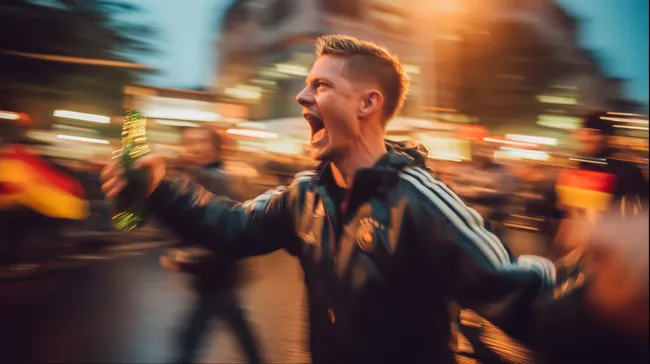 Fußballfan jubelt mit Bierflasche auf der Straße