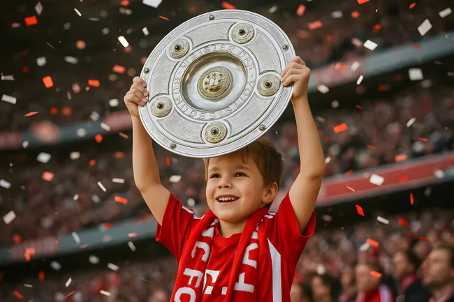 Fußballfan jubelt mit Bundesliga-Meisterschale