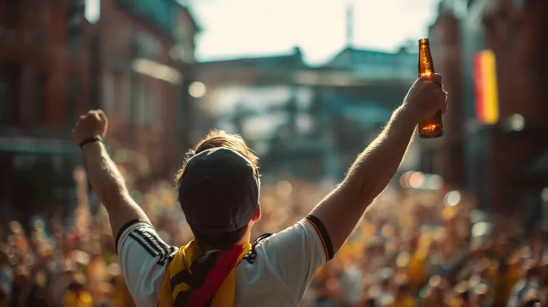 Fußballfan mit Bierflasche und Fahne beim Public Viewing