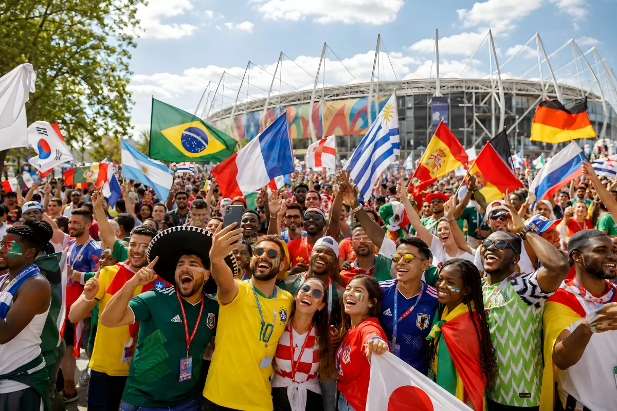 Fußballfans aus aller Welt feiern vor dem WM-Stadion