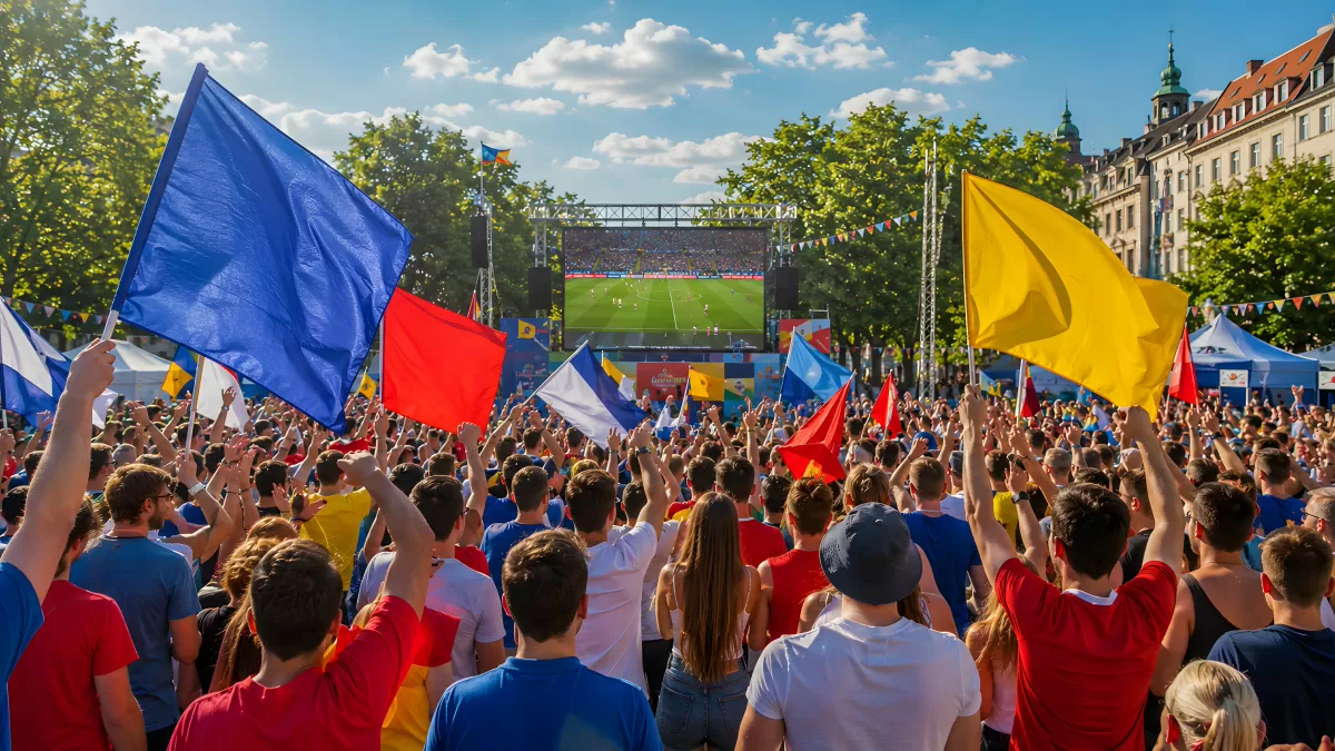 Fußballfans feiern Public Viewing auf Stadtplatz