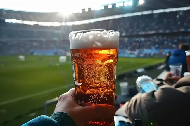 Fußballfans genießen Bier im Stadion bei großem Spiel