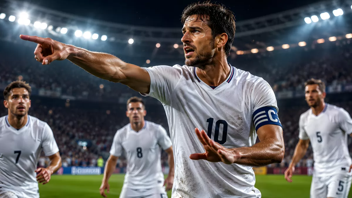 Fußballkapitän dirigiert sein Team im Flutlichtstadion