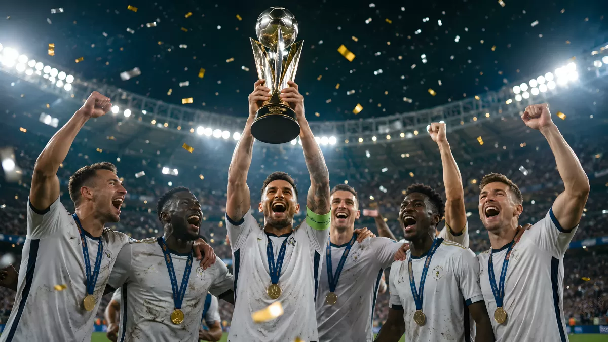 Fußballmannschaft feiert Pokalsieg im Stadion