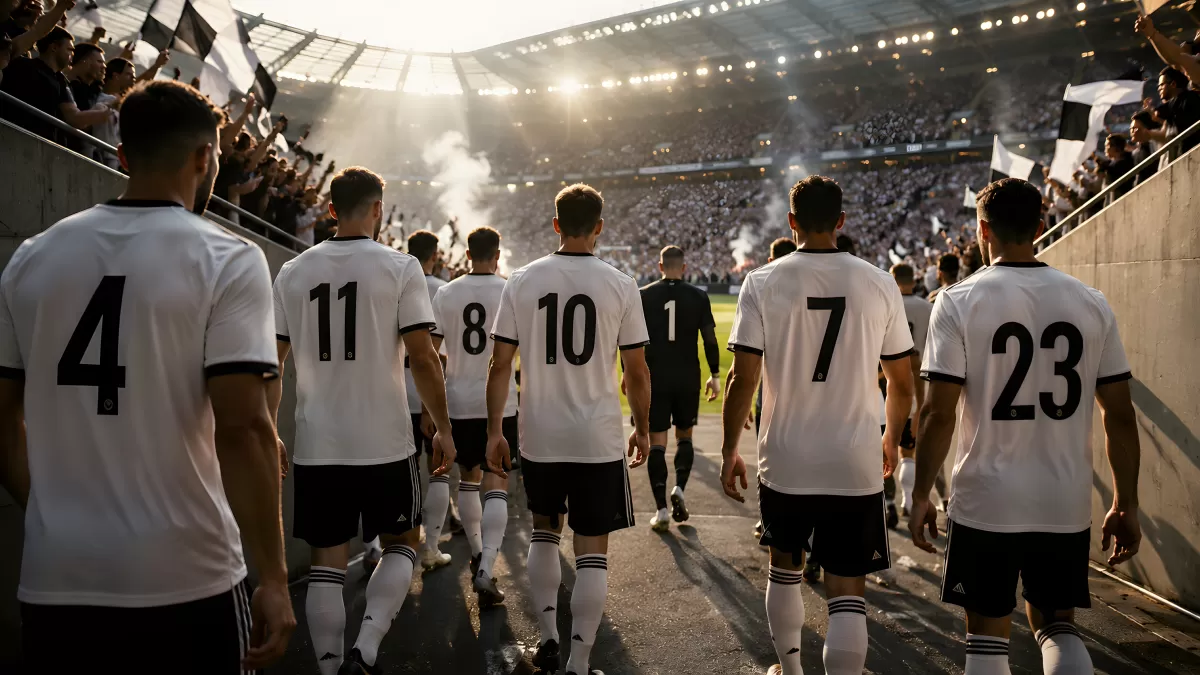 Fußballmannschaft läuft ins Stadion vor vollem Publikum