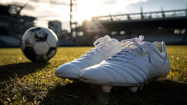 Fußballschuhe und Ball auf grünem Rasen im Stadion