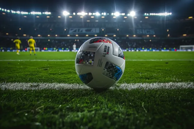 Fußballspiel bei Nachtbeleuchtung - Ball auf dem Rasen