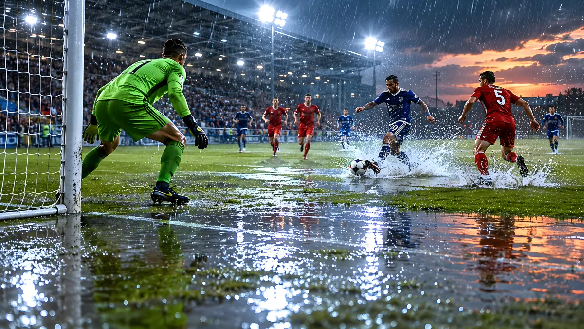 Fußballspiel im Starkregen vor dramatischem Abendhimmel