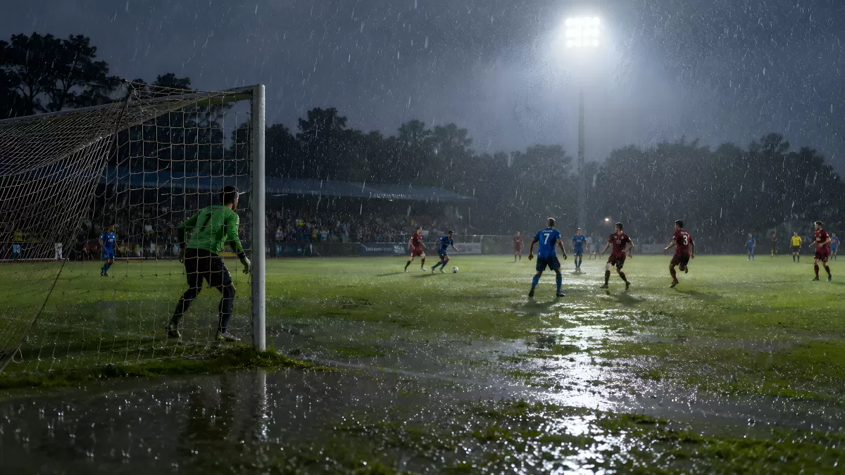 Fußballspiel im strömenden Regen bei Flutlicht