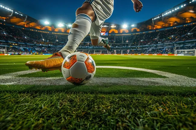 Fußballspieler beim Antritt auf Rasen im Flutlichtstadion