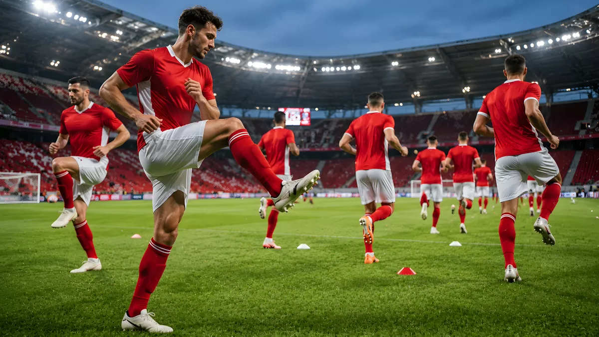 Fußballspieler beim Aufwärmen im Flutlichtstadion