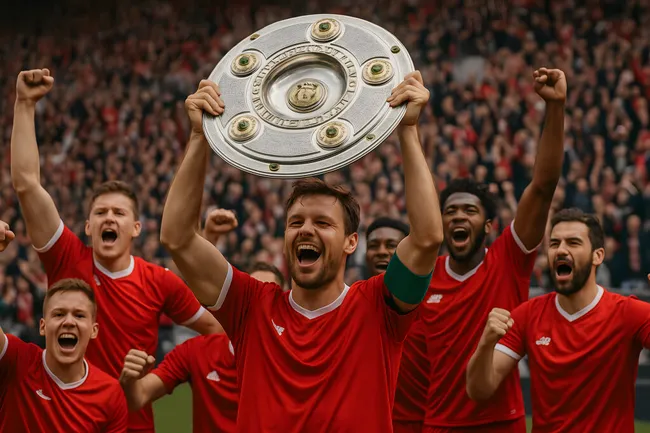 Fußballspieler der Bundesliga jubeln mit Meisterschale