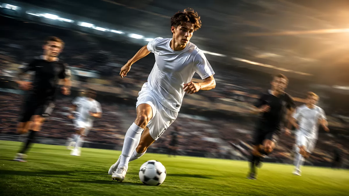 Fußballspieler dribbelt im Stadion bei Flutlicht
