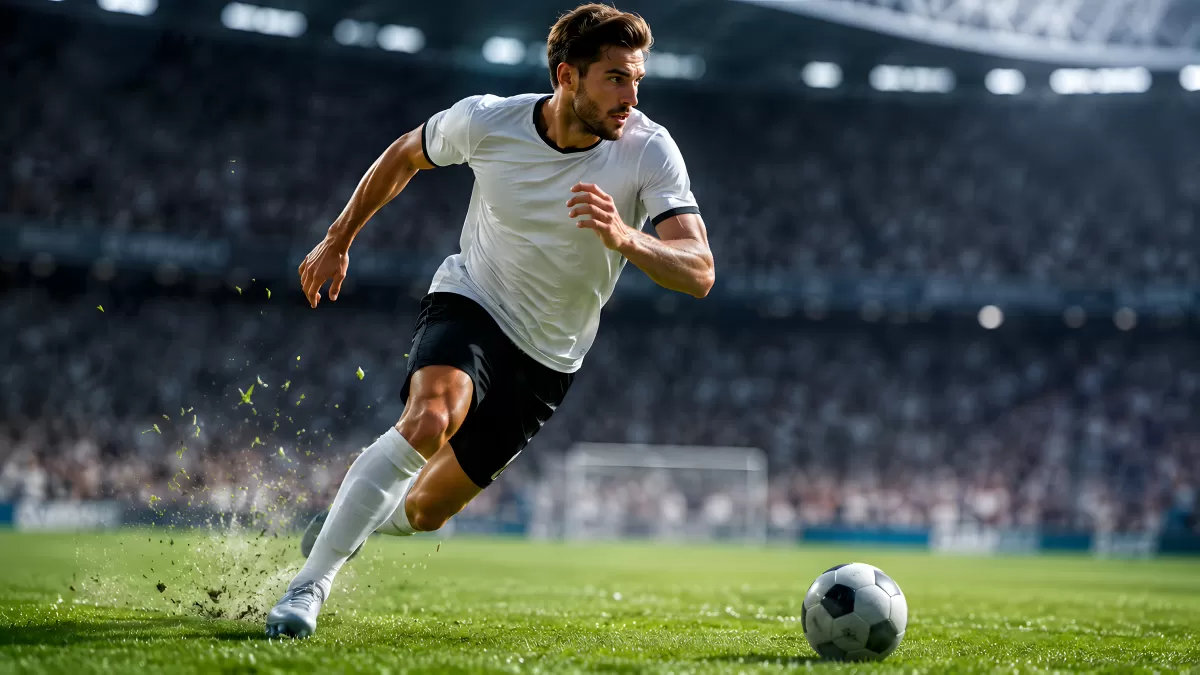 Fußballspieler dribbelt im Stadion mit Ball