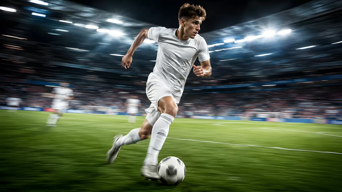 Fußballspieler dribbelt mit Ball im Flutlichtstadion