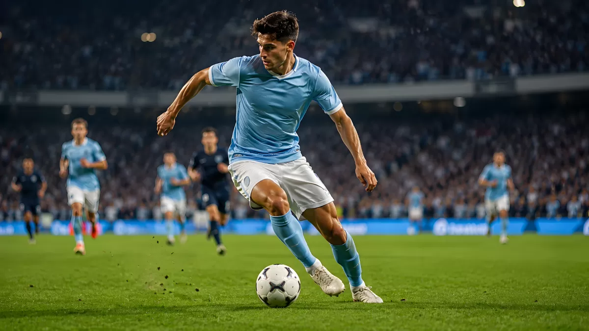 Fußballspieler dribbelt mit Ball im Stadion bei Nacht
