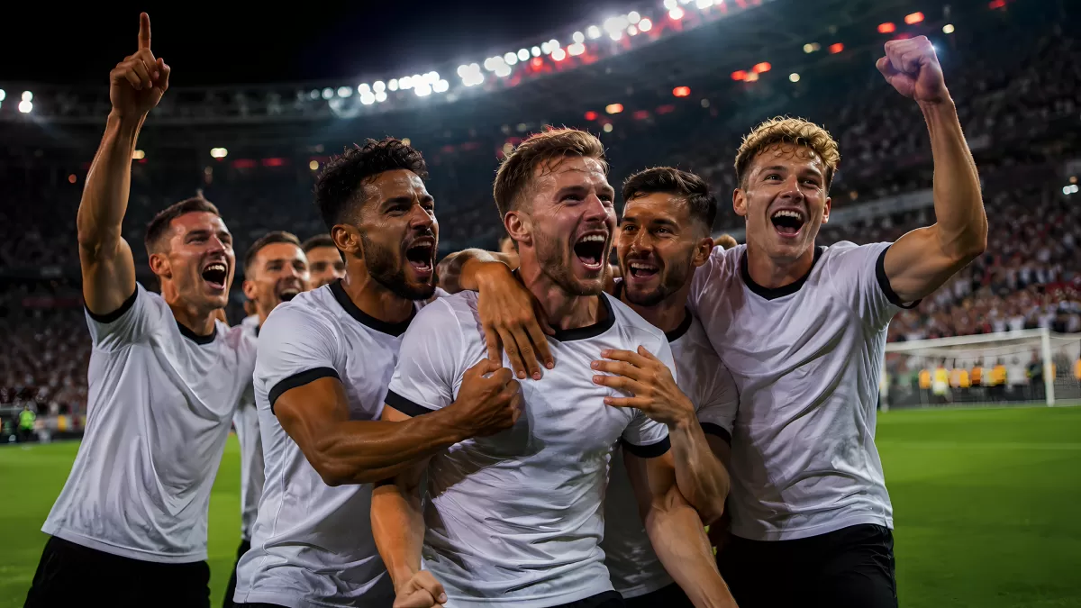 Fußballspieler feiern gemeinsam einen Torerfolg