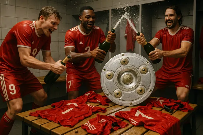 Fußballspieler feiern Meisterschaft mit Sekt in der Kabine