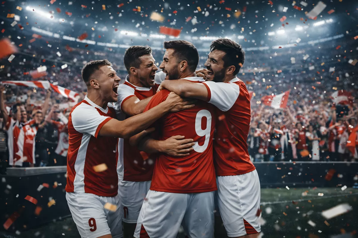 Fußballspieler feiern Tor im vollbesetzten Stadion