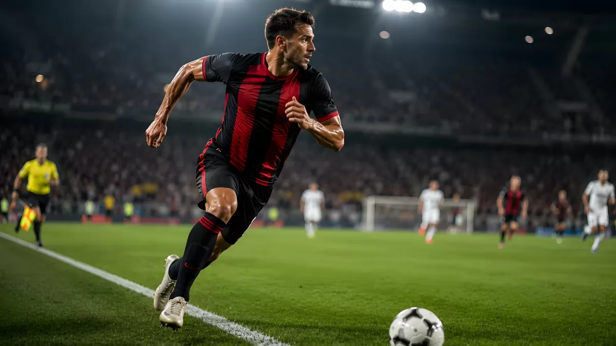 Fußballspieler im Lauf beim Abendspiel im Stadion