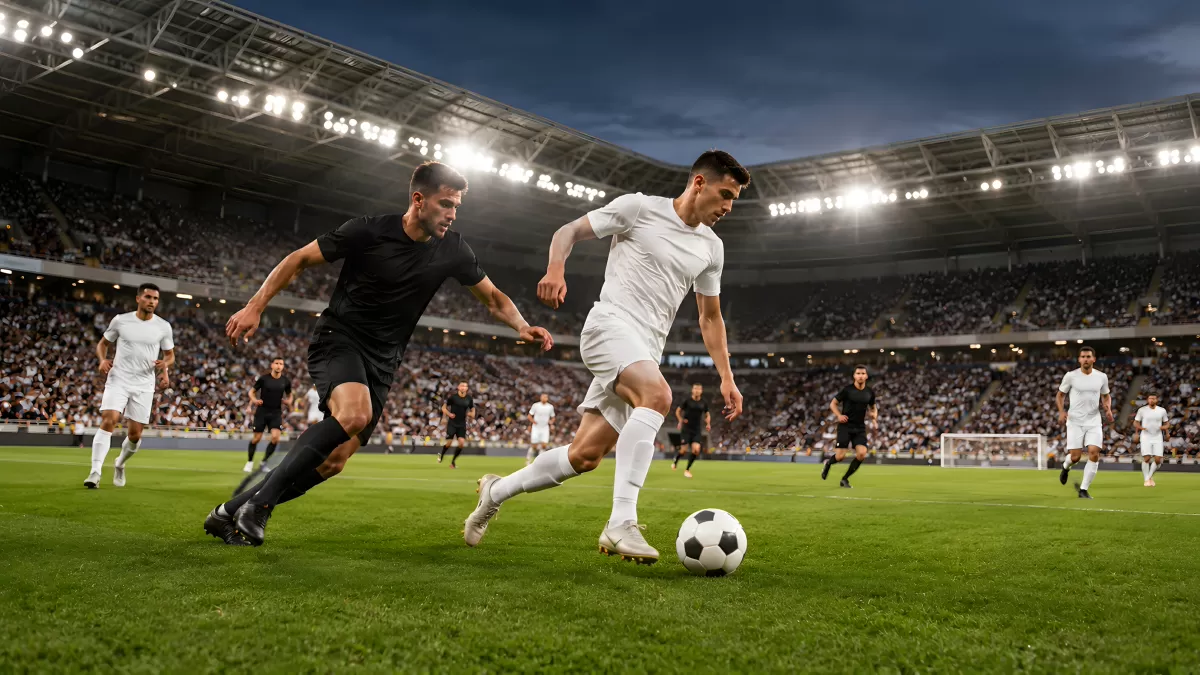Fußballspieler im Zweikampf bei Flutlichtspiel im Stadion